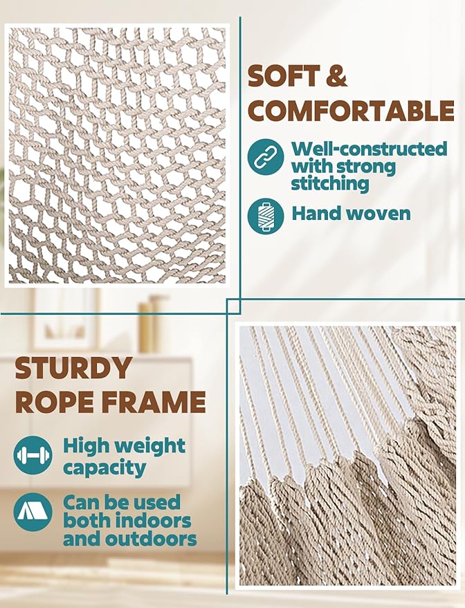 Chihee Hammock Chair Super Large Soft-Spun Cotton Rope Weaving Hanging Chair, Collapsible Strong Metal Spreader Bar Wide Seat Lace Stretch Swing Chairs Indoor Outdoor Garden Yard Theme Decoration