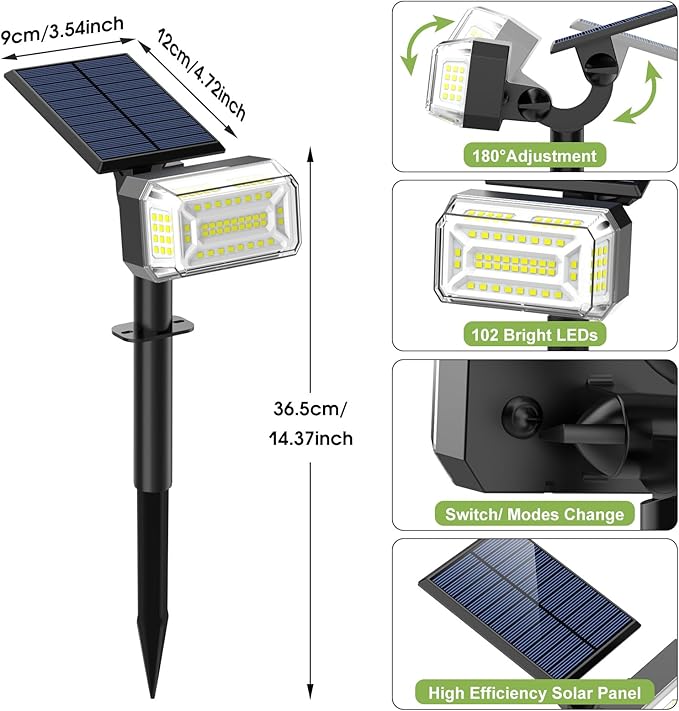 Solar Spot Lights Outdoor, 102 LED Solar Garden Yard Spotlight Waterproof Landscape Flood Powered Lights with Adjustable Light & Panel, 4 Lighting Modes for Walkway Driveway, 4 Pack(Cool White)