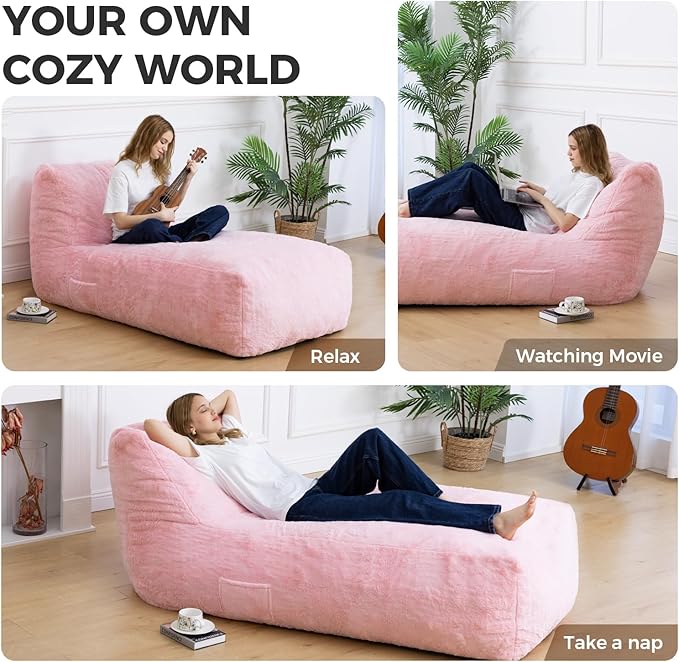 Giant Bean Bag Lounger Chair for Adults with Soft & Cozy Plush Fabric,Memory Foam Filled Beanbag Chair for Family Living Room,Bedroom and Game Room (Pink)