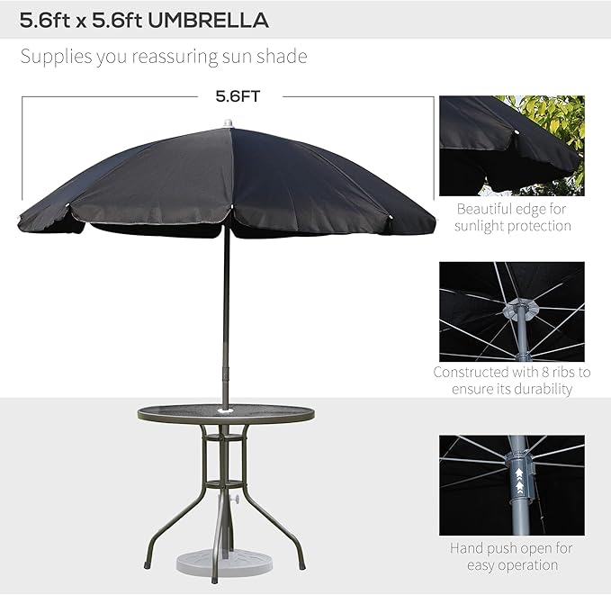 Outsunny 6 Piece Patio Dining Set for 4 with Umbrella, Outdoor Table and Chairs with 4 Folding Dining Chairs & Round Glass Table for Garden, Backyard and Poolside, Black and Coffee