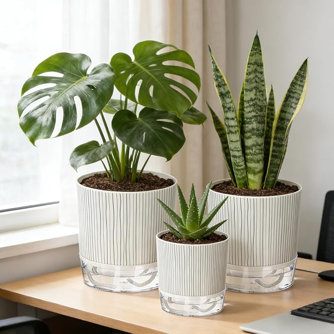 3 Pack Self Watering Pots for Indoor Plants, 4+5.5+6.3 Inch Self Watering Plant Pots, Flower Pots with Wick Rope and Reservoir - Black Stripes