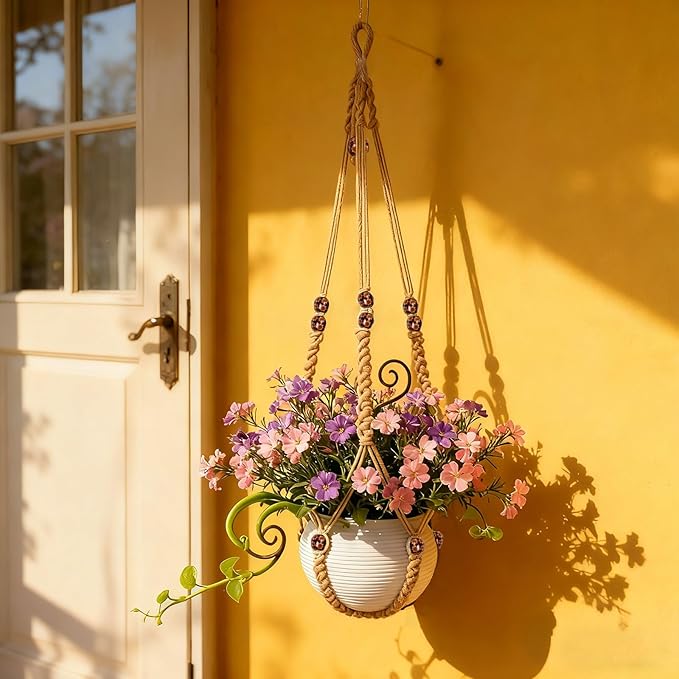 35 Inch Macrame Plant Hanger, Large for up to 15 Inch Pot Extra Long Hanging Planter Holder Basket with Wood Beads for Indoor Outdoor Home Decor (Brown, 2-Pack)