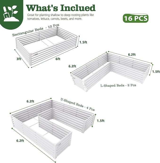 A ANLEOLIFE Set of 16, 18 Inch Tall Galvanized Raised Garden Beds Kit, Rectangular,U-Shaped & L Shaped Metal Planters – Ideal for Backyard Structured Garden Layouts, Antique White