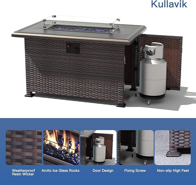 Kullavik 7 Pieces Outdoor Patio Furniture Set with 43" 55000BTU Gas Propane Fire Pit Table PE Wicker Rattan Sectional Sofa Patio Conversation Sets,Blue
