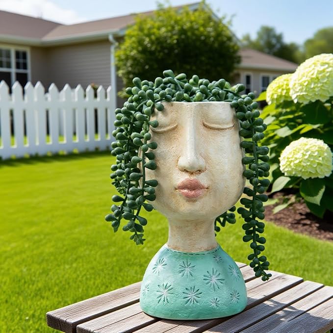 DiliComing Resin Face Planters Pots Head - 8 Inch Indoor and Outdoor Pot with Drainage Hole for Succulents Plants Home Garden Decor Unique Girl Sculpture Plant Pot