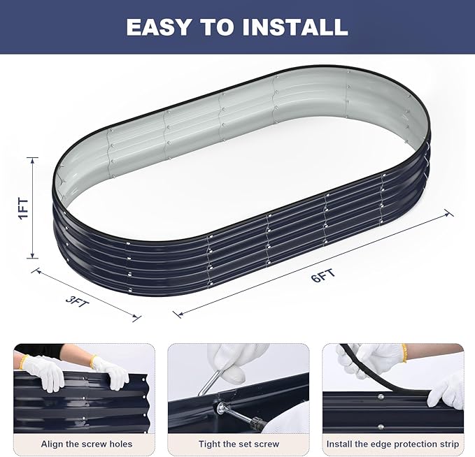 Raised Garden Bed, 6x3x1ft Galvanized Outdoor Planter Beds with Safety Edging and Gloves, Oval Metal Planter Box for Gardening Vegetables Flowers Herb-Midnight Blue
