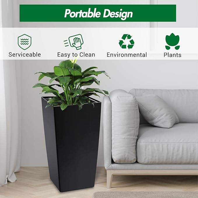 30 Inch Tall Self Watering Planters Set of 2, Outdoor Plant Pots with Automatic Watering System, Water Level Monitor, Drainage, Wheels & Inner Bucket, for Front Porch & Indoor Plants Black
