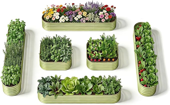 6-Pack 18” Tall Galvanized Raised Garden Beds – New Home Garden Layout, Fits 300 Sq Ft Backyard, 10x2x1.5 & 4x4x1.5 ft Metal Planter Raised Beds Set for Vegetable, Herb & Flower - Moss Green