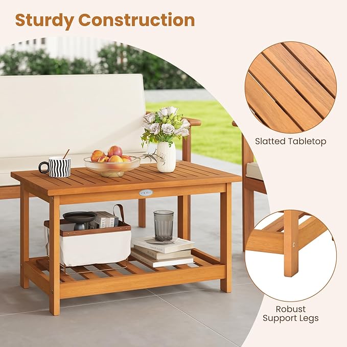 Tangkula Outdoor Acacia Wood Coffee Table, Patio 29.5” Rectangle Slatted 2 Tier Coffee Table with Storage Shelf, for Outside Balcony Patio Poolside