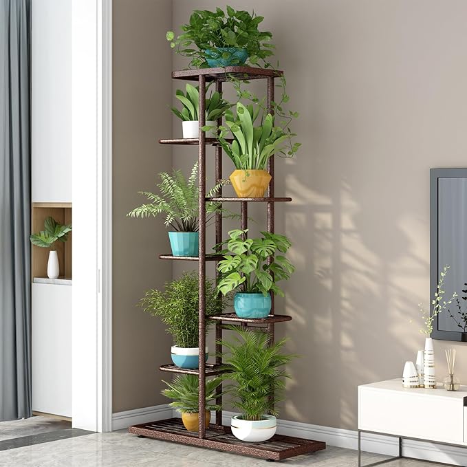 LINZINAR Plant Stand Metal 7 Tier 8 Potted Multiple Flower Pot Holder Shelf Indoor Outdoor Planter Display Shelving Unit for Patio Garden Corner Balcony Living Room, Bronze