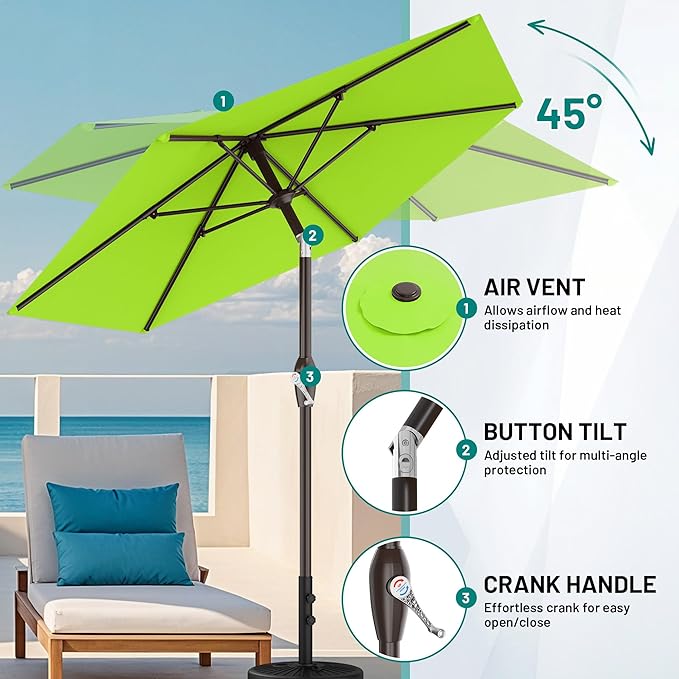 AreShark 7.5FT Patio Umbrella Table Market Umbrella with 6 Sturdy Ribs, Button Tilt/Crank Heavy-Duty Round Outdoor Umbrellas for Garden, Deck, Backyard,and Pool, Apple Green
