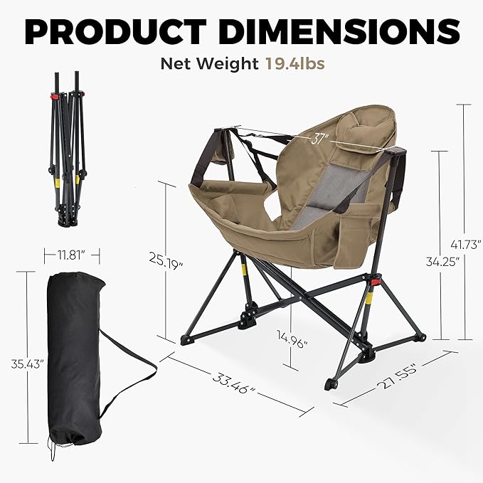 Ainfox Hammock Camping Chair, Foldable Portable Rocking Chairs for Adults Outside Swinging Camp with Cup Holder Pillow for Outdoor Patio Poolside (Brown)