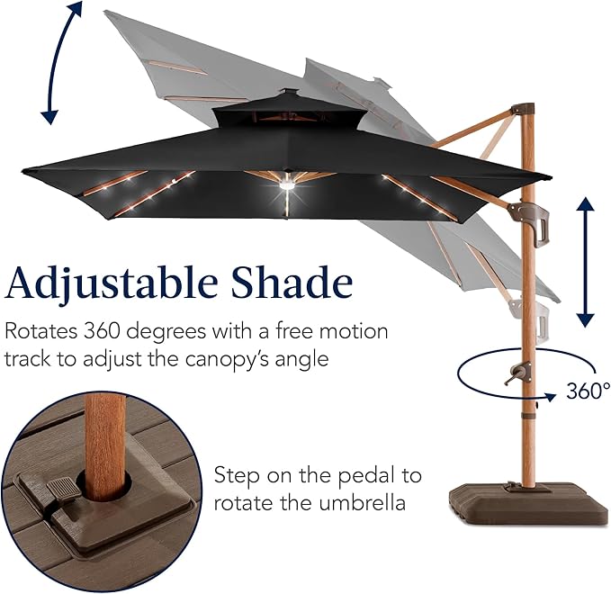 Best Choice Products 10ft Square Cantilever Patio Umbrella w/Base Included, Woodgrain Pattern Pole & Solar LED Lights, 360-Rotation, Offset Hanging Outdoor Shade - Black