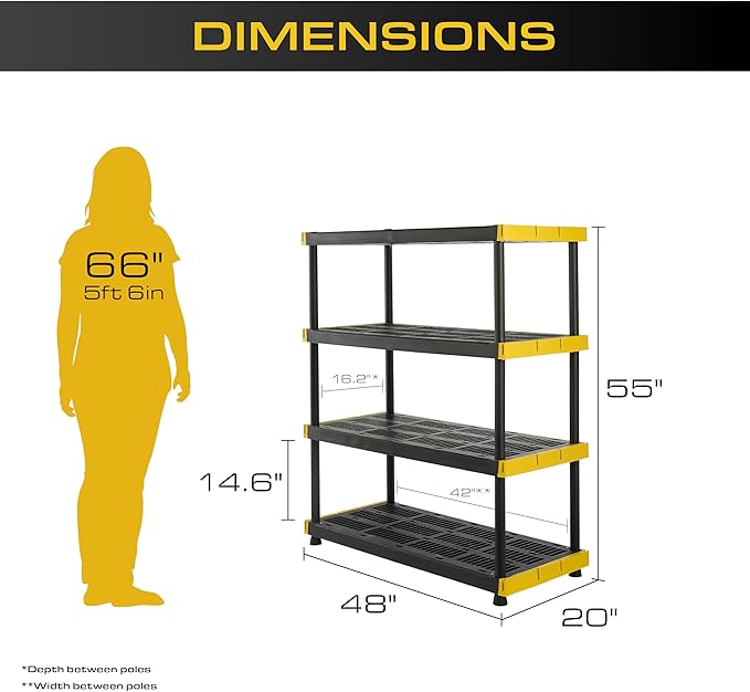 CX Black & Yellow, 4-Tier Heavy Duty Plastic Storage Shelves that Support up to 200lbs/shelf, Organization and Storage, Weather-Resistant Design, Easy Assembly (55"H x 48"W x 20"D)