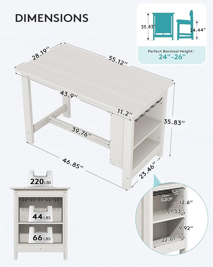 SERWALL Outdoor Bar Table, All Weather HDPE 36" Counter Height Dining Table with Storage and Wine Rack for Patio, Garden, Backyard, Balcony, Poolside, White