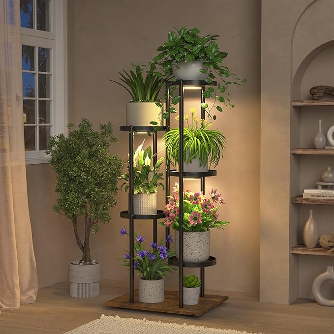 iDavosic.ly 5 Tier Plant Stand Indoor with Grow Lights, Tiered Corner Multiple Flower Pot Holder Shelf, Metal Tall Display Rack for Porch Living Room Balcony Bedroom, Modern Black & Rustic Brown