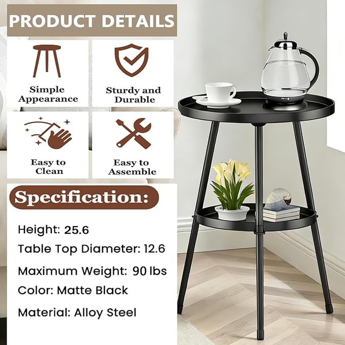 Side Table 2-Tier Small Round End Table Metal Black Accent Table for Small Spaces Indoor Outdoor Living Room Bedroom Balcony Office.