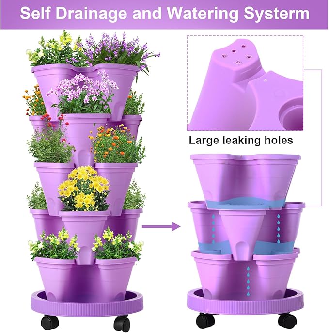 Umigy 2 Set 5 Tier Stackable Planters Vertical Garden Planters for Strawberry Herb Flower and Vegetable Indoor Outdoor Gardening Pots with Removable Wheels and Bottom(Purple)