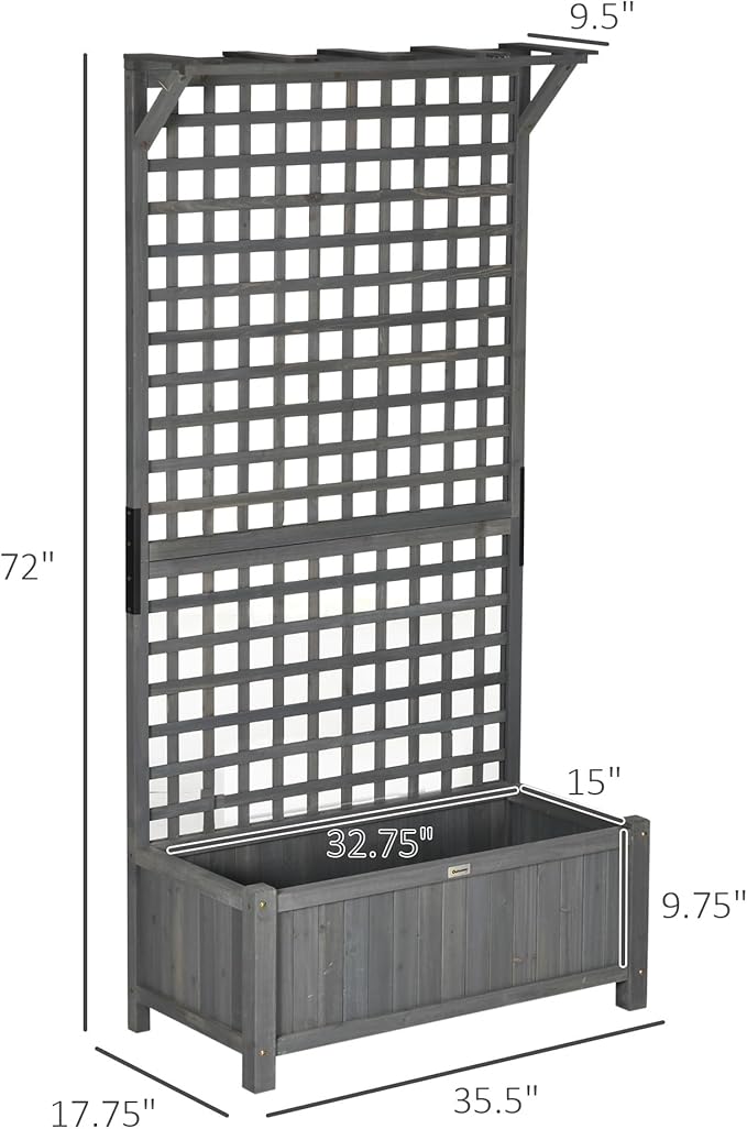 Outsunny Wood Planter with Trellis, Raised Garden Bed for Climbing Plants w/Drainage Holes and Roof, 35.5" x 17.75" x 72", Pack of 2, Dark Gray