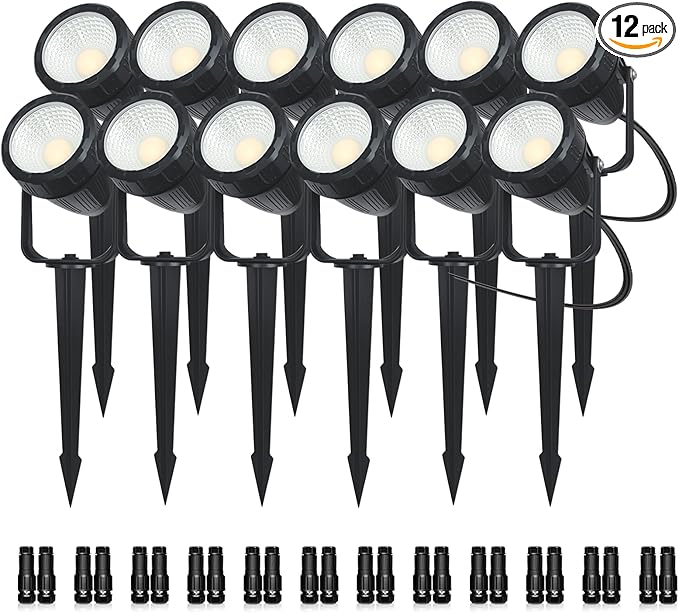 Low Voltage Safety Landscape Lights Outdoor: 7W 840LM LED Landscape Lighting with Connectors & Transformer for Tree Garden Yard Pathway | 24V Warm Yellow 3000K Spotlights | IP65 Waterproof | 12 Pack