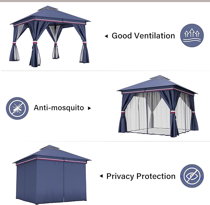 LAUSAINT HOME Semi-Permanent Outdoor Patio Gazebo 10'x10', Heavy Duty Party Tent Shelter with Double Roofs, Mosquito Nettings and Privacy Screens for Backyard, Garden, Lawn, Classic Blue