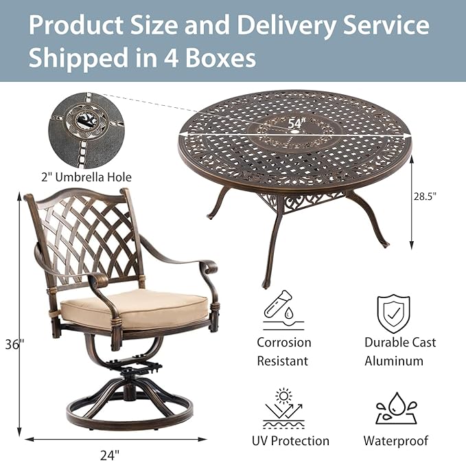 7-Piece Cast Aluminum Patio Furniture, Patio Dining Set for 6 Include 54" Round Outdoor Dining Table and 6 Swivel Chairs with Cushions & Umbrella Hole (Bronze)