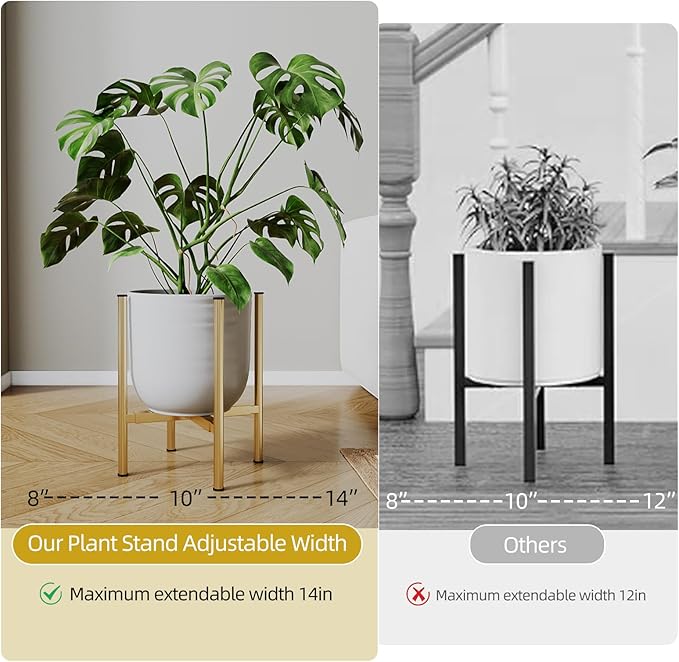 Adjustable Metal Plant Stand Indoor, Mid Century Modern Outdoor Planter Holder for 8 to 14 Inch Pots, Heavy Duty 160 LB Load, Corner Floor Stand for Home Garden Decor Golden 2 Pack