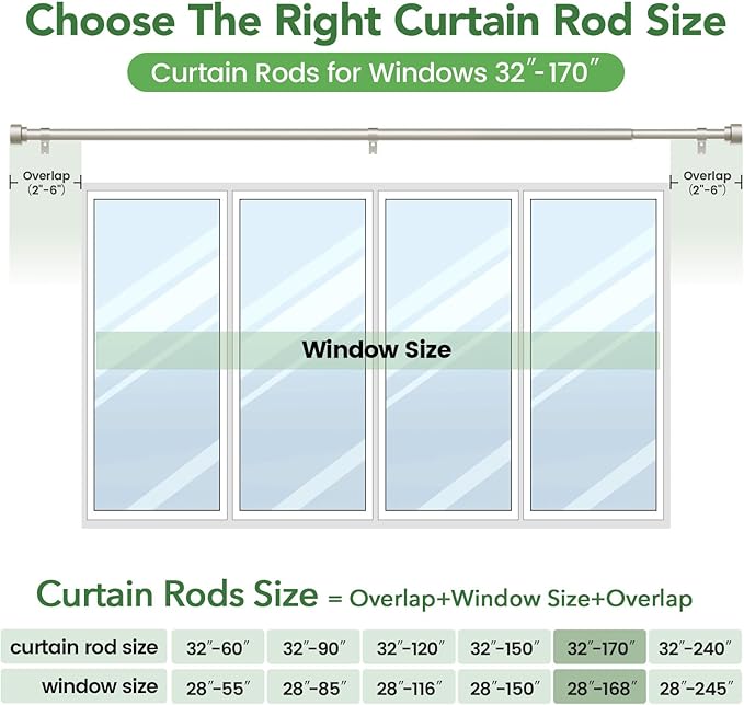 Curtain Rods for Windows 32 to 170, 1 Inch Adjustable Heavy Duty Long Window Outdoor Curtain Rod for Patio, Drapery Rods with Simple End Caps, Size 32"-170", Brushed Nickel