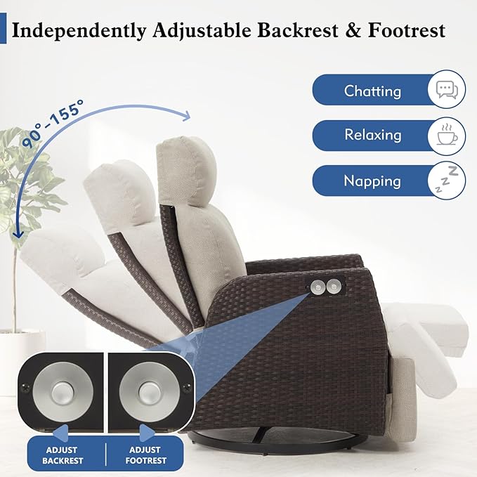 Adjustable Outdoor Recliner Chair with Independent Backrest & Footrest, Patio Swivel Recliner Chair, Wicker Reclining Patio Chair w/Flip-Up Table, 155° Lay Flat Chaise Lounge, Beige, 2PCS