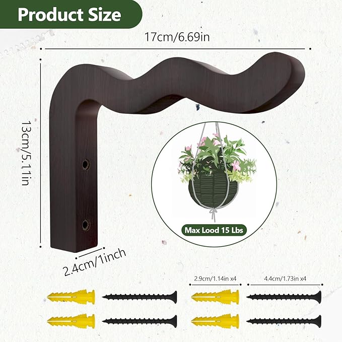 Wavy Plant Hanger Hooks – 2 Pack Rustic Wooden Wall Mounts for Indoor/Outdoor Use, Ideal for Hanging Baskets, Lanterns, and Bird Feeders – Decorative Brackets for Patio and Balcony