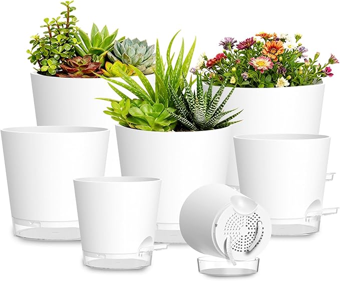 Plant Pots 4/5/5.5/6/6.5/7/8 Inch Self Watering Pots, 7 Pack Plastic Planters with Drainage Holes and Clear Saucers,Plastic Flower Pots,Nursery Planting Pot for Indoor Out Door Plants(White)