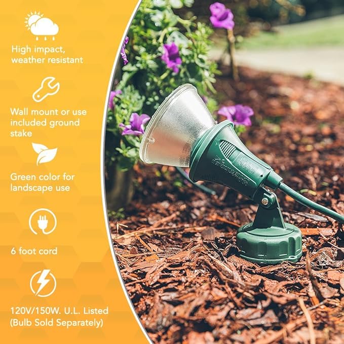 Woods Outdoor Floodlight | Green | 6-Foot Cord | Weather-Resistant | With Ground Stake | Pack of 6
