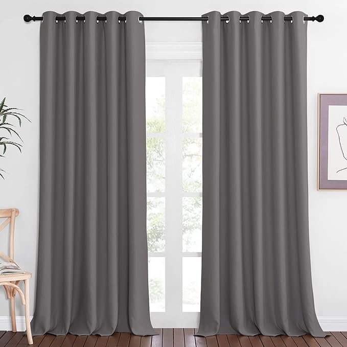 NICETOWN Blackout Grey Curtains Panel for Doorway Room Darkening - Noise Reducing Thermal Insulated Solid Ring Top Blackout Window Drapes for Farmhouse (1 Panel, 66 x 90 Inch, Gray)