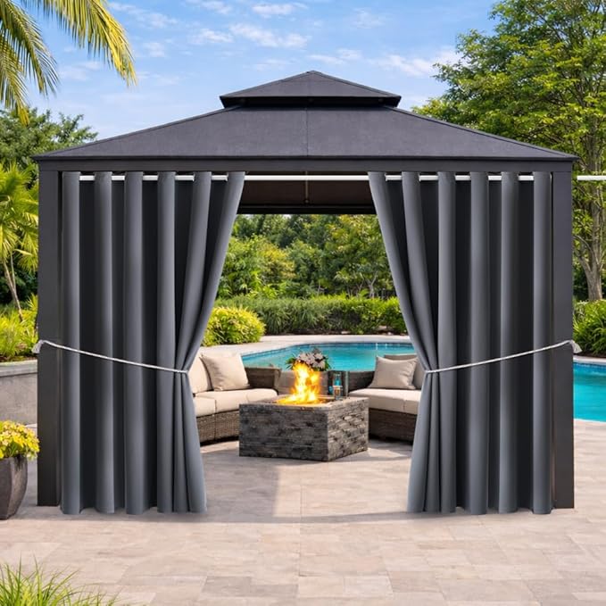 Water Proof Outside Curtains with Grommet Top for Porch, W84 x L95 Thermal Insulated Washable Light Block Outdoor Divider Drapes for Patio Gazebo Deck Pool Area Pergola Cabana (Gray, 2 Panels)