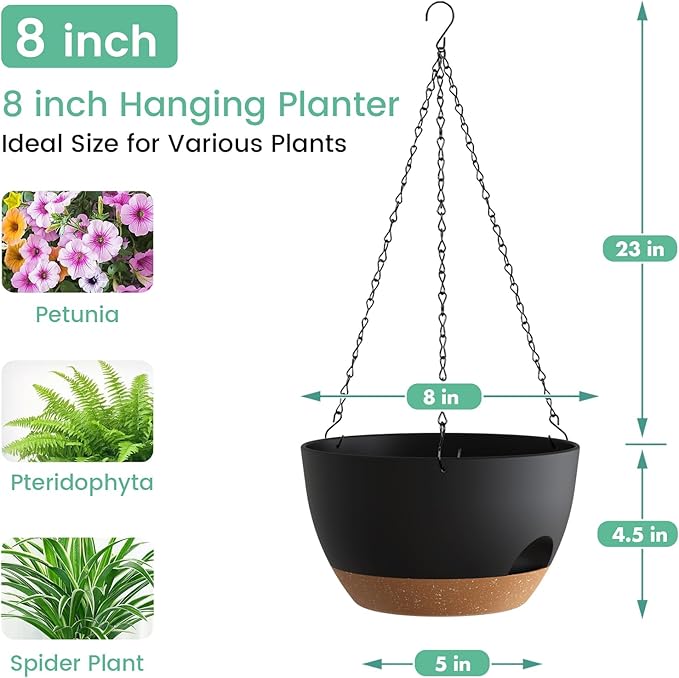 4 Pack 8 Inch Self Watering Hanging Planters for Indoor Outdoor Plants，Hanging Pots for Plants with Drainage Removable Tray, Hanging Baskets Flower Pots for Pothos Spider Garden Black with Brown