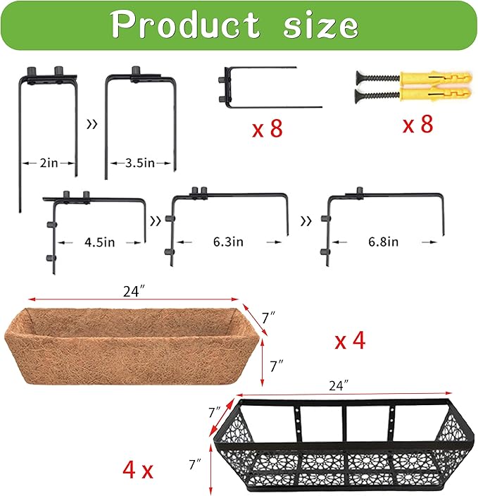 4 Pack 30" Railing Planter Window Box Deck Balcony Rail Planter Black Metal Flower Basket Horse Trough Planter with Coco Fiber Liner for Porch Fence Patio Outdoor