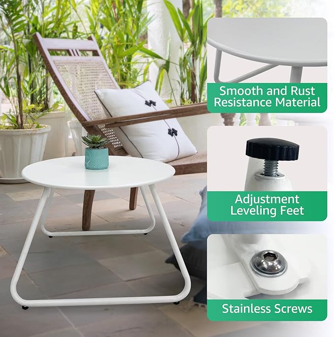 Patio Outdoor Coffee Table Set of 2, Weather Resistant Steel Round End Tables, Outdoor Nesting Table for Patio, Balcony, Bistro and Indoor, Black (White)