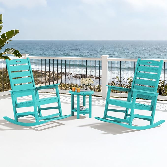 SERWALL Outdoor Rocking Chair Set of 4, Oversized HDPE Patio Rocking Chair with Footrest for Adults, All Weather Porch Rocker for Deck Patio Balcony, Aruba