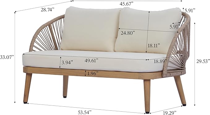 Merax 2-Piece Acacia Wood Patio Set - Curved Tub Loveseat & Slatted Coffee Table with Woven Rope Accents & Weather-Resistant Cushions for Deck, Porch or Garden,Teak+ Beige