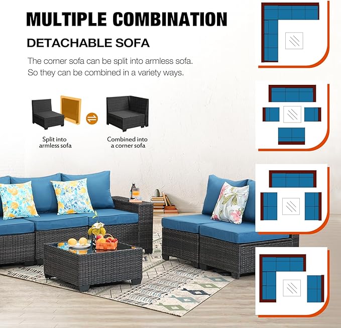 8 Pieces Patio Furniture Set All-Weather Outdoor Wicker Sectional Conversation Sofa Rattan Patio Seating Sofa with Cushion and Glass Table for Porch Poolside,Peacock Blue