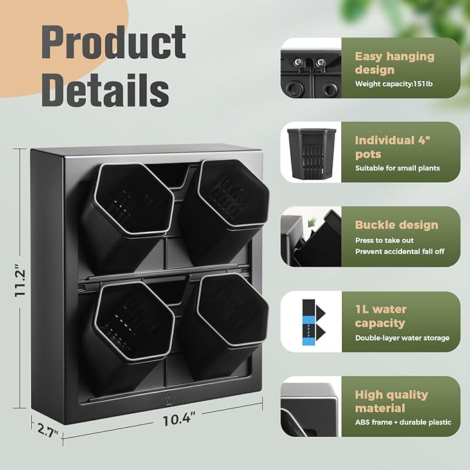 Wall-Mounted Vertical Garden Planter – Ready-to-Use Indoor Wall Planter with 4 Grow Pots – Perfect for Herbs, Succulents & Flowers – No Assembly Required(Black)