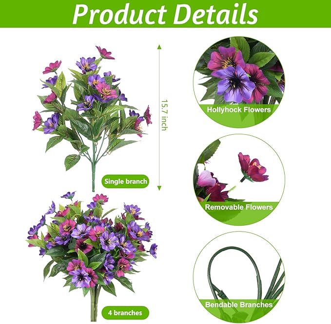 Fake Artificial Flowers for Outdoors Decoration,4 Bundles Silk Faux Spring Flowers with Plants Leave UV Resistant for Planter Front Door Porch Yard Patio Window Box Home Indoor Decor