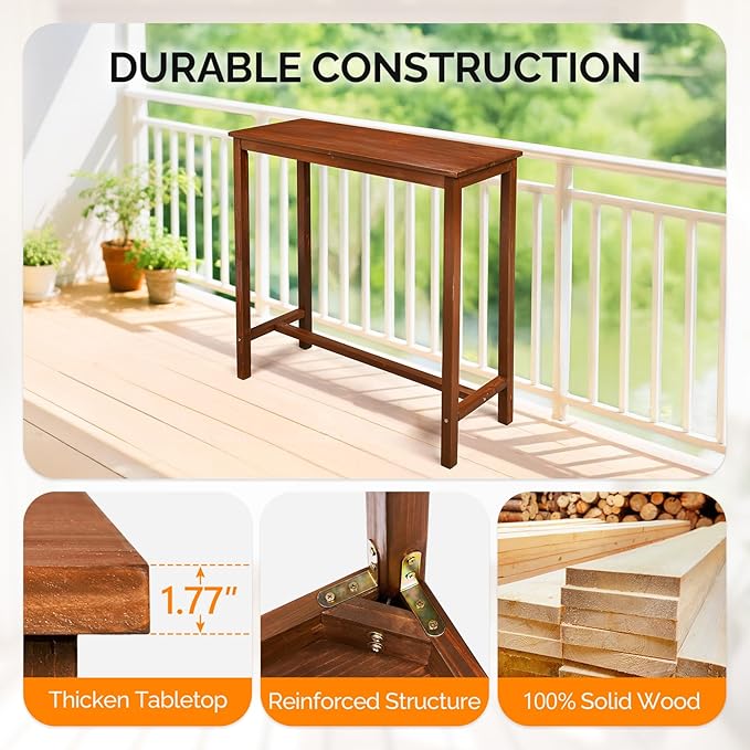 VINGLI Wooden Outdoor Bar Table, Wood Patio Counter Height Table, Weather-Resistant Patio Pub Table for Garden, Balcony, Poolside, Backyard, Indoor Use (Brown, 39")