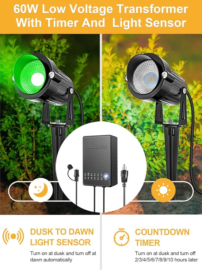 ZUCKEO All-in-One RGBW Landscape Lighting Kit, 5W Color Changing Low Voltage Landscape Lights with Transformer and 80FT Wire, LED Multi-Color Landscape Spotlights for Holiday Yard Garden House, 8Pack