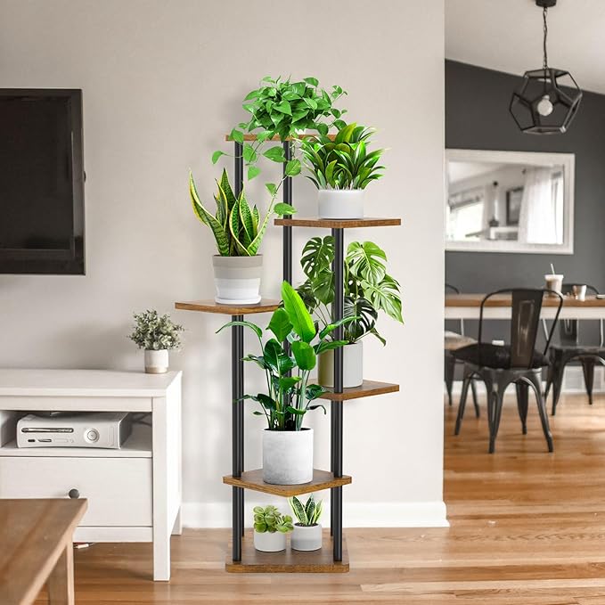 6 Tier Wood Tall Plant Stand Metal Rack Indoor, Multiple Flower Pot Holder Shelves Corner Rack, Planter Shelf Display Rack Storage Organizer for Patio Living Room Balcony Garden(Black)