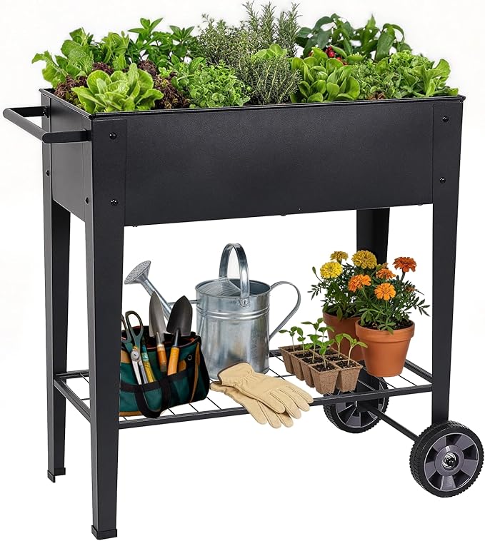 Elevated 32" Tall Raised Garden Bed with Legs and Wheels for Mobility, Metal Planter Boxes Outdoor with Shelf, Raised Bed for Gardening Vegetables/Herbs, Backyard, Patio, Balcony, Black