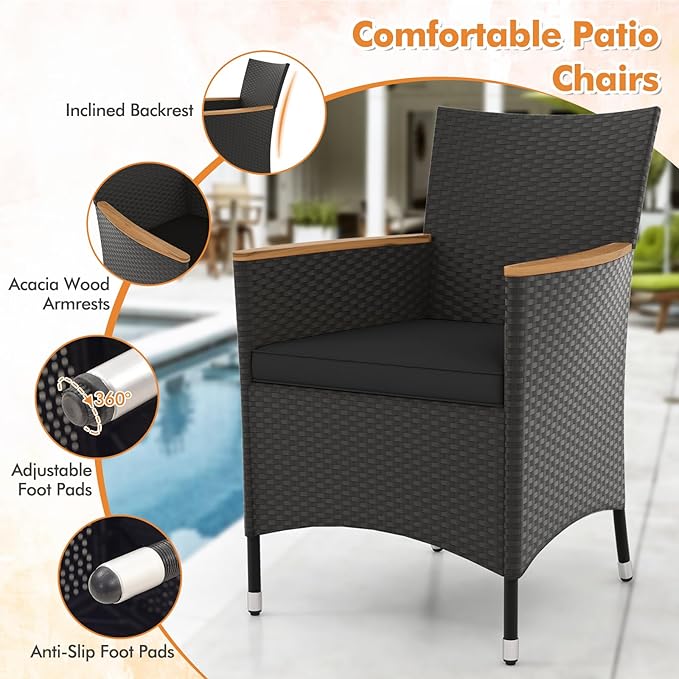 Tangkula 5 Pieces Rattan Outdoor Dining Set for 4, Outdoor Acacia Wood Table Set with 4 Cushioned Wicker Chairs, Umbrella Hole, Patio Dining Furniture Set for Deck Pool Backyard