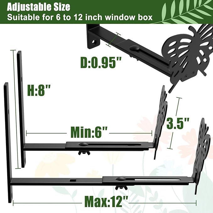 Adjustable Window Box Brackets, 6 to 12 inch Heavy Duty Window Planter Box Brackets, Butterfly Shape Wall Mount Flower Box Holder, 6 Pack