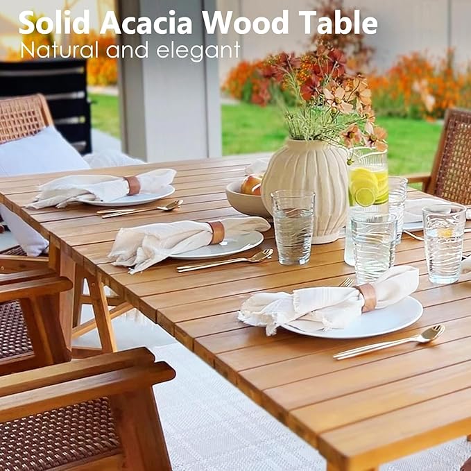 PHI VILLA 7 Pieces Acacia Wood Outdoor Dining Set for 6, Teak Large Wooden Table & Chairs with Wicker Seat and Back, Farmhouse Dining Furniture Set for Patio, Deck, Yard, Porch