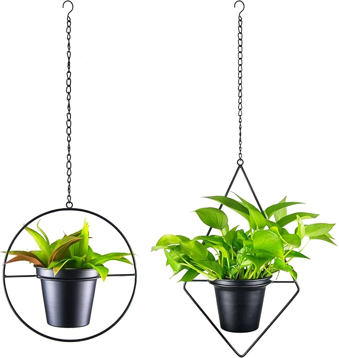 Metal Hanging Planters, Modern Plant Hanger with 5 inch Flower Pot, Set of 2 Black Plant Holder in Diamond and Round Shape, Small Wall and Ceiling Planter for Indoor Plants, Home Décor